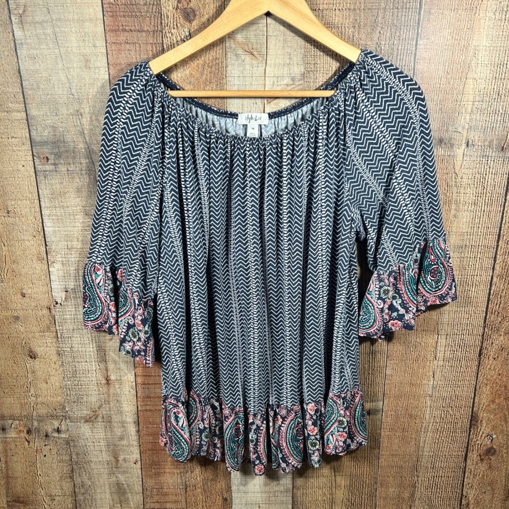 Style & Co 1X Blue Pink Chevron Paisley Ruffle Bell Sleeve Peasant Boho Top